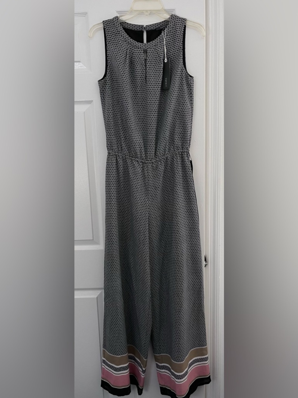 Spirit Black and White Geometric Jumpsuit with Pink and Tan Hem